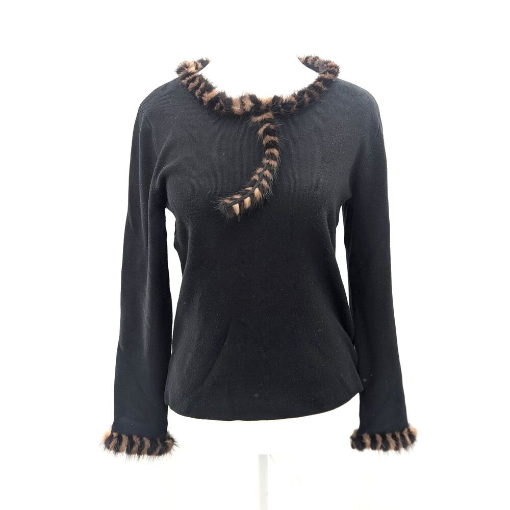 Bonnie & Bill Silk Blend Black Vintage Faux Fur Scoop Neck Sweater Size Small
